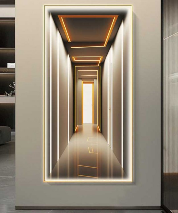 Gold Frame Modern 3D Effect Crystall Procelein Painting With Lighting